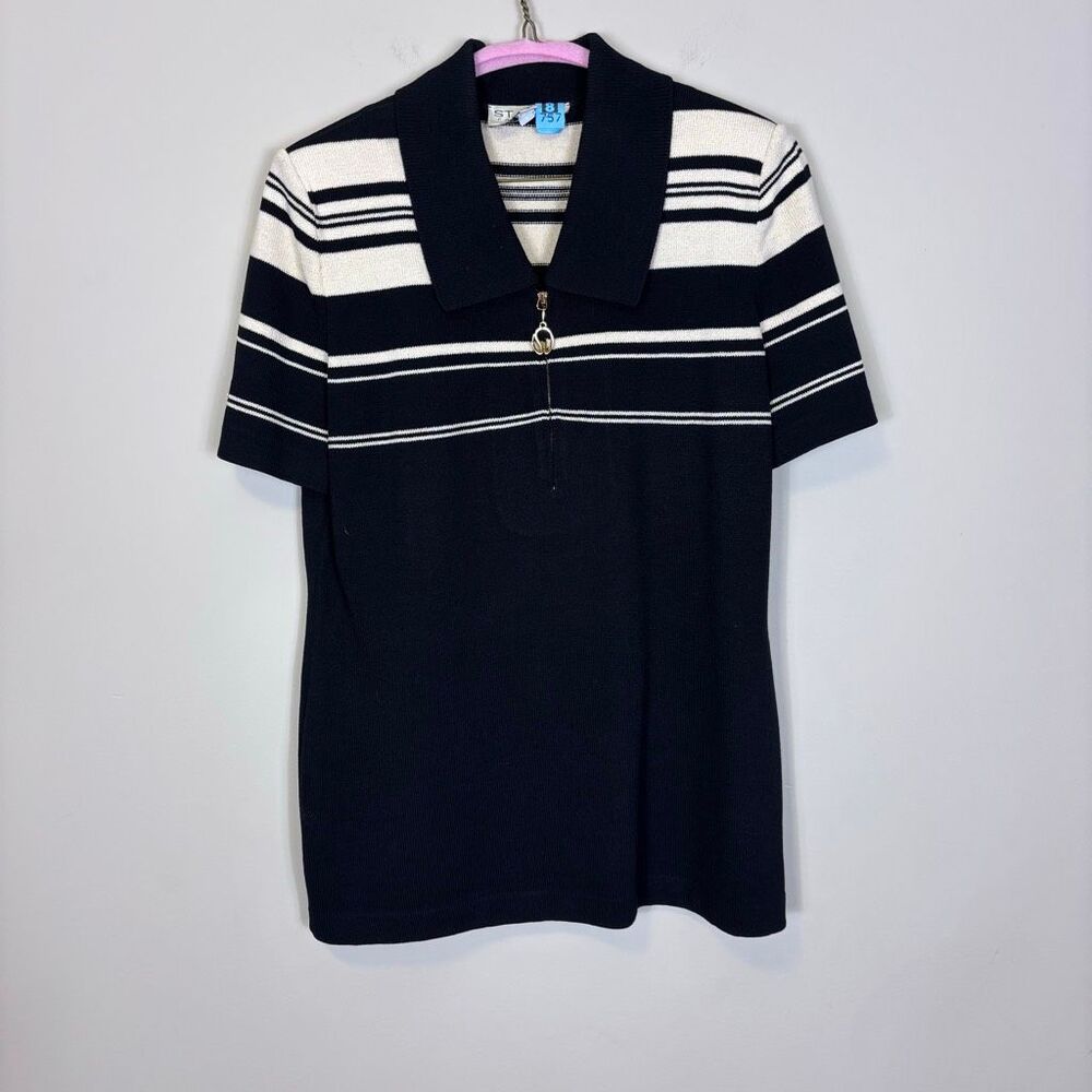 St. John Black w/ White Striped Collared Quarter Zip Short Sleeve Knit Top Small